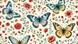 © thaminaahmedbd - Delicate Floral Pattern with Butterflies on a Cream Background