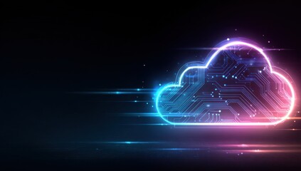 Wall Mural - a glowing neon cloud icon with circuit patterns, representing the concept of cloud computing in digi