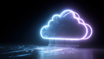 Wall Mural - a glowing neon cloud icon with circuit lines emanating from it, set against a dark background there'