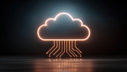 Wall Mural - a glowing neon cloud icon with circuit lines emanating from it, set against an abstract dark backgro
