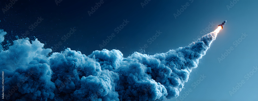 Blue upward arrow launching like a rocket with smoke on clean gradient ...