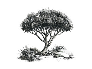 vintage hand-drawn dragon tree engraving, botanical illustration, exotic tree art, black sketch, ret