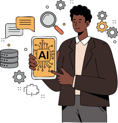 Wall Mural - man holding smartphone with artificial intelligence technology and data analysis concept in business