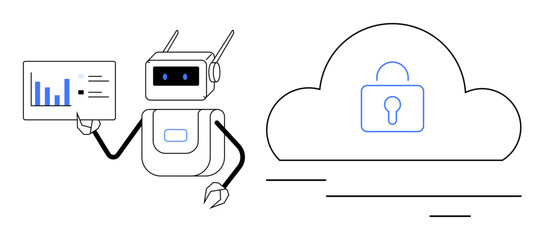 Wall Mural - robot holding a data chart beside a secure cloud with a padlock, symbolizing ai and data protection.