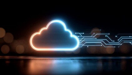 Wall Mural - a glowing neon cloud icon with circuit lines emanating from it, set against an abstract dark backgro