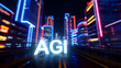© REEMA - White A G I text glowing on a dark road with blurred neon city buildings at night artificial
