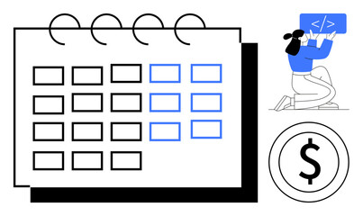 calendar layout with blue accents, woman coding, dollar symbol. ideal for scheduling, time managemen