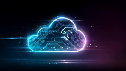 Wall Mural - a glowing neon cloud icon with circuit patterns, representing the concept of cloud computing in digi