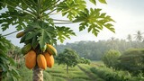 Papaya tree with ripening fruit in a tropical rural landscape