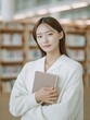 © The Little Hut - Young Asian Woman Student with Long Dark Hair Wea White Sweater Holding Book in Library Interior with Bookshelves Background