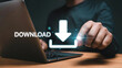 © Perfect PNG Studio - A digital download concept shows a hand using a laptop for downloading process, the future of data exchange with modern technology and internet connectivity.