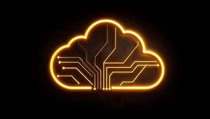 Wall Mural - a glowing neon cloud icon with circuit lines on a black background, symbolizing the technology behin