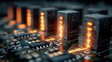 Wall Mural - Abstract Close-Up View of Circuit Board with Glowing Components