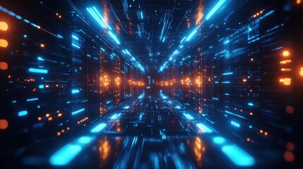 Futuristic digital tunnel with blue and orange glowing elements. Ideal for technology, science, or abstract background concepts.