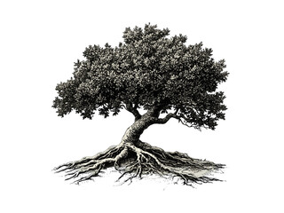 vintage hand-drawn mangrove tree, old engraving style, botanical illustration, coastal tree roots, n