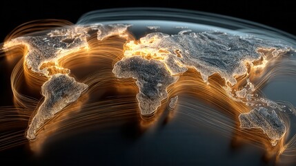 Wall Mural - illuminated global network with flowing light trails across map