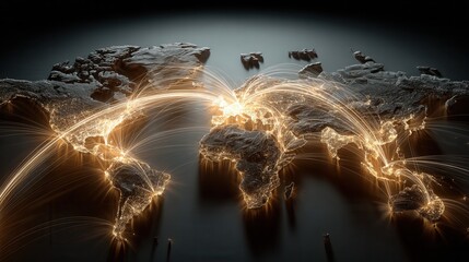 Wall Mural - global connectivity concept with light trails and world map