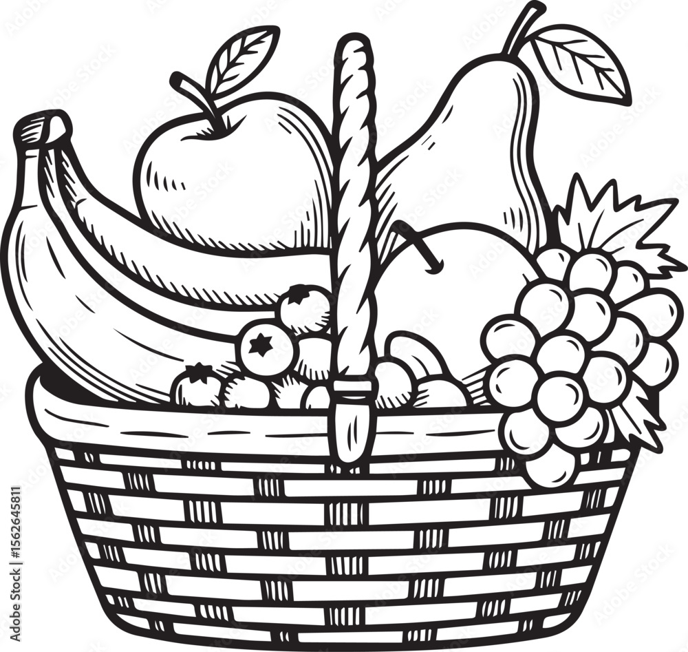 Black and White Vector Illustration of a Fresh Fruit Basket in Monoline  Style Stock Vector | Adobe Stock, image size:1000x947