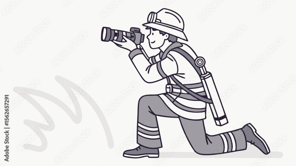 Firefighter Kneeling and Spraying Water with Hose Nozzle. Brave Fireman ...