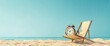 © Ado - Beach chair with alarm clock on sandy shore. Sunny day