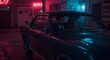 © Mu - Neon-lit city night scene features a classic car with a man inside, creating a stylish and mysterious atmosphere.