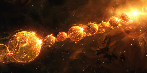 Wall Mural - Digital Rendering of Glowing Planets Connected in Space