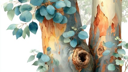 A detailed illustration of eucalyptus tree bark and leaves showcasing textured peeling bark and lush blue-green foliage.