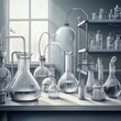 © PandaUniverse - Clean white laboratory equipment and glass containers, scientific setup