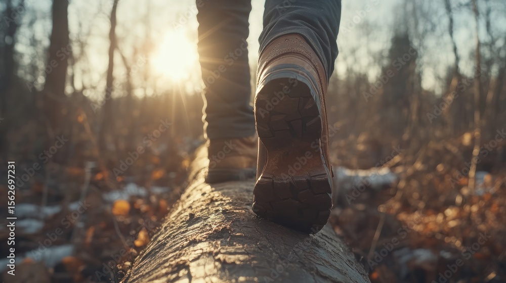 Person walking on a log in a forest at sunset. Stock Photo | Adobe Stock