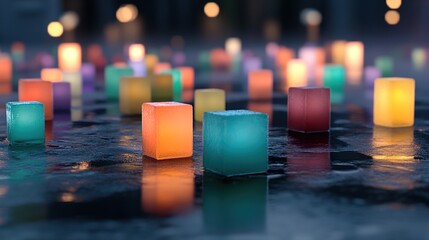 Wall Mural - Colorful Ice Cubes Illuminating Wet Surface in Night Setting