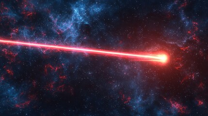 Wall Mural - A red and blue nebula with a bright red laser beam shining through it in a cosmic setting.