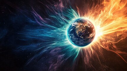 Wall Mural - A vibrant, colorful image of a planet with a fiery sun and swirling, ethereal clouds in the background.