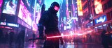 Futuristic ninja with glowing sword in a neon lit city