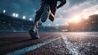 © Jittapon - An athlete runs with determination on a track field in a stadium with the sun setting in the background and lights illuminating the arena creating an inspiring and competitive atmosphere