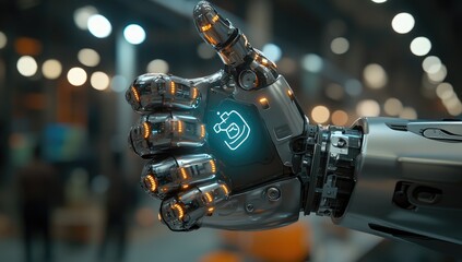 A metallic robot hand, highly detailed, gives a thumbs-up gesture.  A glowing light symbol is visible on the thumb.  Blurred industrial background