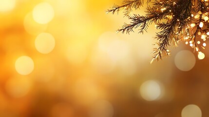 Wall Mural - Golden Bokeh Background with Evergreen Branch and Soft Light Effects