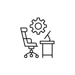 Wall Mural - office desk, computer and cogwheel. technical training and learning, software development. pixel per