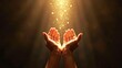 © Andrew505 - Hope and spiritual light shining down on open human hands with glowing golden particles against dark background