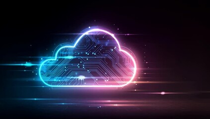 Wall Mural - a glowing neon cloud icon with circuit patterns, representing the concept of cloud computing in digi