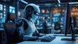 © IQ-Photography - A humanoid robot AI agent working together with a human at a computer keyboard symbolizing antigen autonomy and the future of work with an assistant copilot bot for automation of jobs, 32k resolution