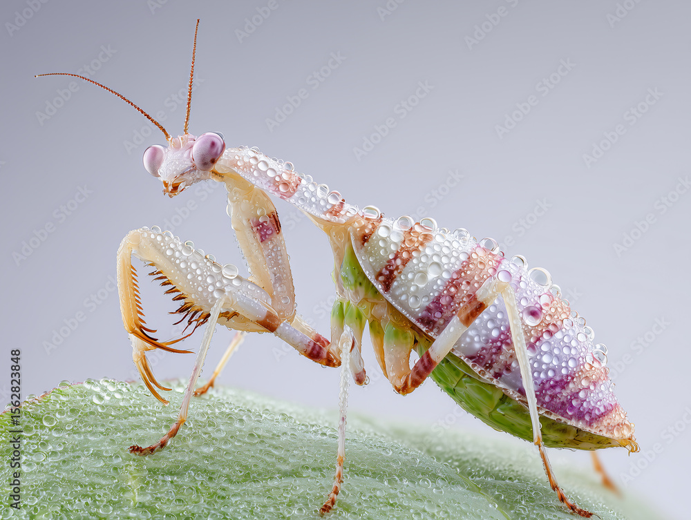 Detailed Macro Photograph of a Orchid Mantis on a Leaf