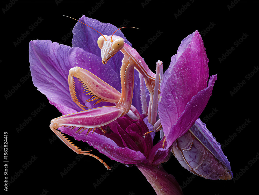 Orchid Mantis Perched on Purple Flower