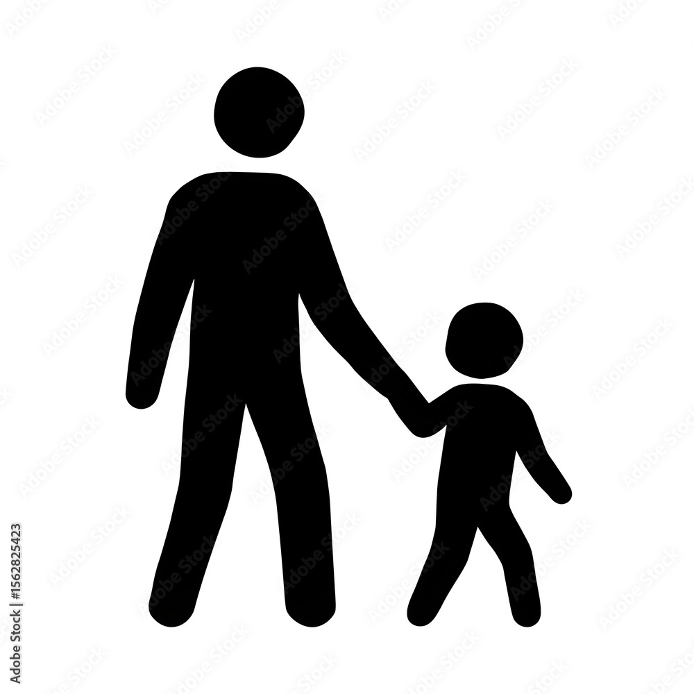 Silhouette pictogram, black and white, Flat black, symbol, icon, sign of an adult gently holding the hand of a small child, symbolizing care, parenting, safety, and guidance.