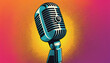 © fahmi - Retro Microphone Pop Art: Teal Grille, Vibrant Halftone Gradient.