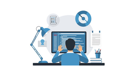 Programmer Focused on Coding with Monitor, Lamp, and Desk Accessories.