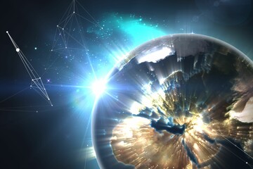 Wall Mural - vector showing earth glowing city lights sun rising radiating data beams network lines in space