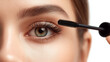 © NanoStudio - Close up of eye with mascara wand applying makeup, showcasing beauty and elegance
