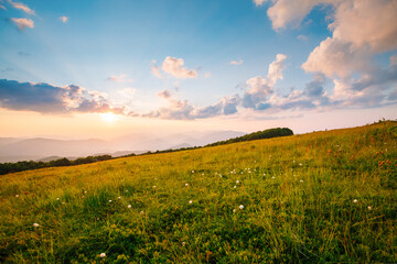 Wall Mural - Soft rays of a setting sun illuminate the vast meadow and the distant mountains. Photo wallpaper.
