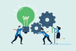 © RABBI - Flat illustration of employees turning giant green ESG lightbulb gear to drive corporate sustainability machine