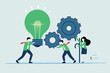 © RABBI - Flat illustration of employees turning giant green ESG lightbulb gear to drive corporate sustainability machine